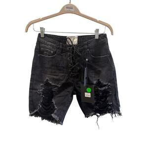 NWT One Teaspoon Sz 26 Stevies Black Lace Up Distressed Cut Off Boyfriend Shorts